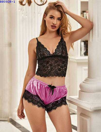 Satin PJ lace trim shorts